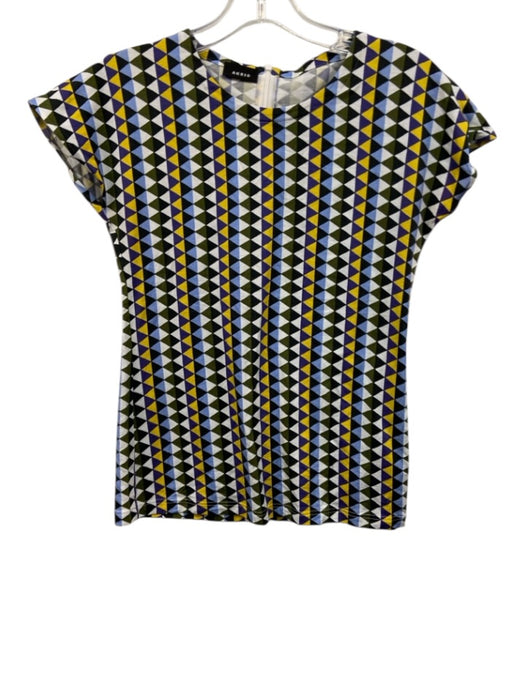 Akris Size 8 Blue, Yellow & Multi Cotton Blend Geo Print Zip Back Top Blue, Yellow & Multi / 8