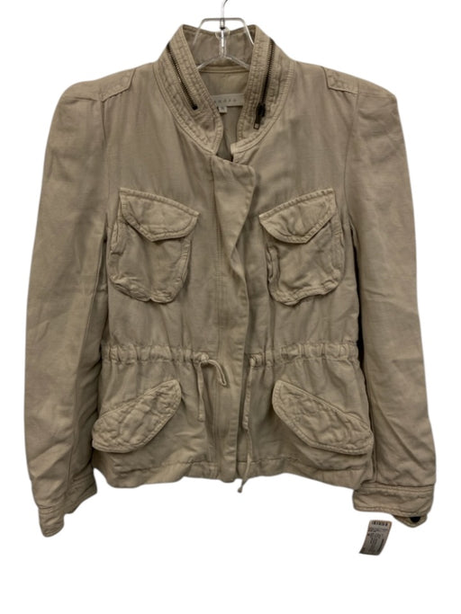 Sandro Size 36 Khaki Cotton Blend Zip Front Patch Pocket Drawstring Waist Jacket Khaki / 36