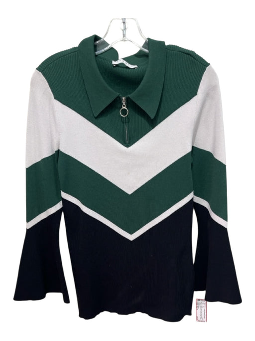 Sandro Size Est M Green, White, Black Viscose Blend Quarter Zip Chevron Top Green, White, Black / Est M