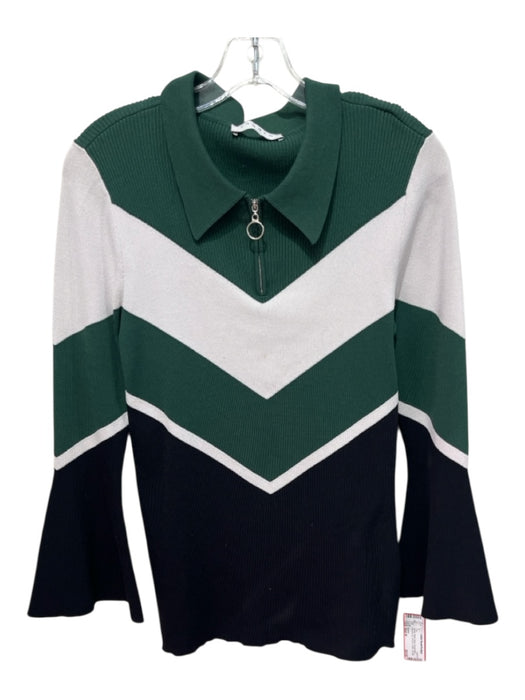 Sandro Size Est M Green, White, Black Viscose Blend Quarter Zip Chevron Top Green, White, Black / Est M