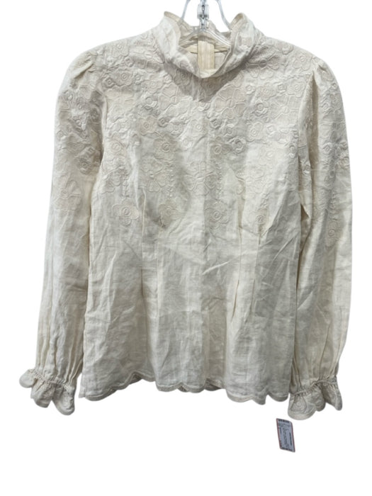 Zimmermann Size 2 Cream White Linen Embroidered Floral Mock Neck Long Sleeve Top Cream White / 2