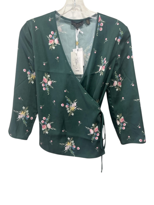 Ted Baker Size S/2 Green, Yellow, Pink Polyester Long Sleeve Floral Wrap Top Green, Yellow, Pink / S/2