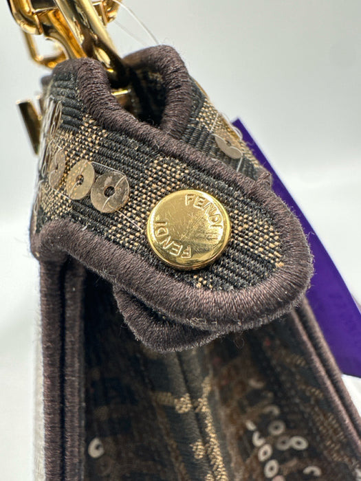 Fendi Brown Canvas Sequin Zucca Monogram Top Handle Crossbody Bag
