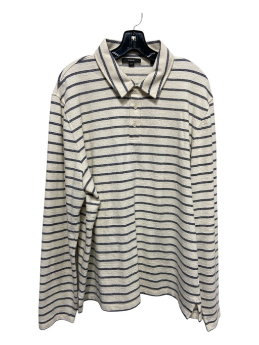 Vince Size XL White & Blue Cotton Blend Striped Polo Men's Long Sleeve Shirt XL