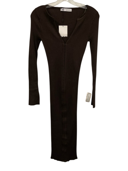 Zara Size Small Brown Viscose Blend Long Sleeve Ribbed Hook & Eye Maxi Dress Brown / Small
