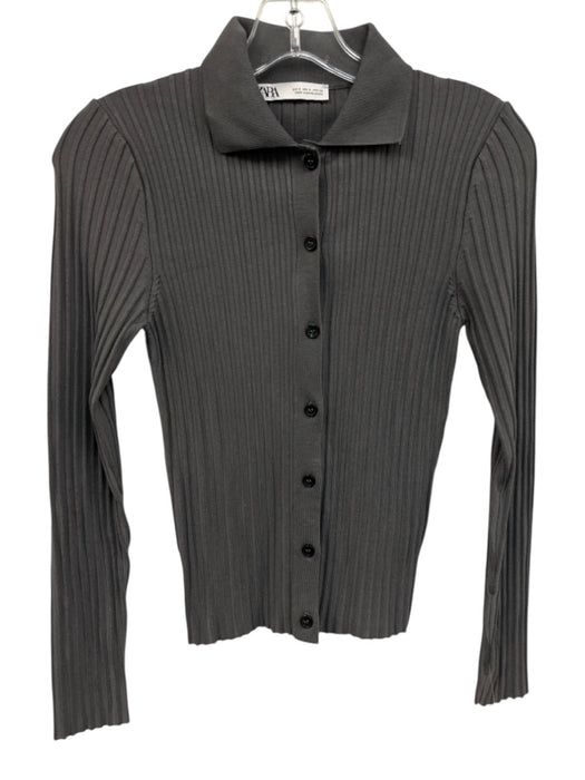 Zara Size Small Gray Long Sleeve Button Front Ribbed Collar Top Gray / Small
