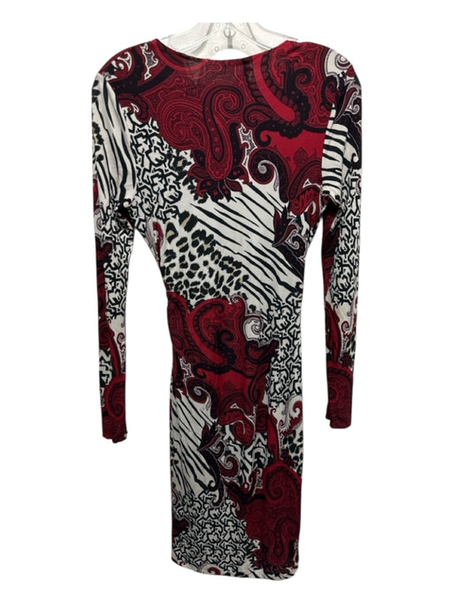 Etro Size 38 Black, Red, White Viscose Long Sleeve Mixed Print V Neck Dress Black, Red, White / 38