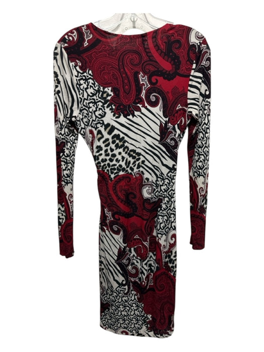 Etro Size 38 Black, Red, White Viscose Long Sleeve Mixed Print V Neck Dress Black, Red, White / 38