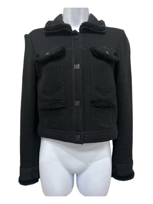 Chanel Size 38 Black Wool Blend Ribbed CC Logo Patch Pocket Snap button Jacket Black / 38