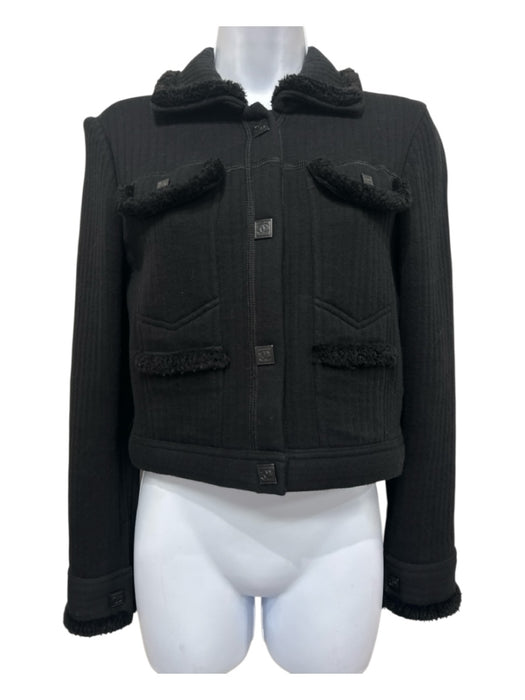 Chanel Size 38 Black Wool Blend Ribbed CC Logo Patch Pocket Snap button Jacket Black / 38