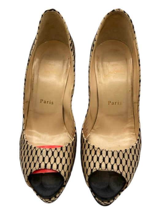 Christian Louboutin Shoe Size 37 Beige & Black Satin Platform Fishnet Sandals Beige & Black / 37