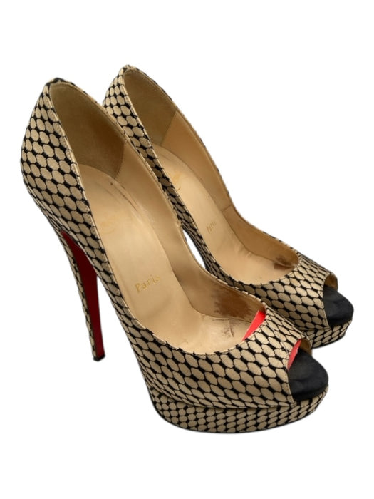Christian Louboutin Shoe Size 37 Beige & Black Satin Platform Fishnet Sandals Beige & Black / 37