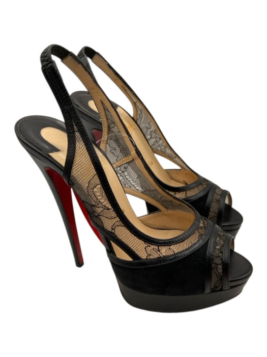 Christian Louboutin Shoe Size 37 Black Leather Slingbacks Lace Panel Sandals Black / 37
