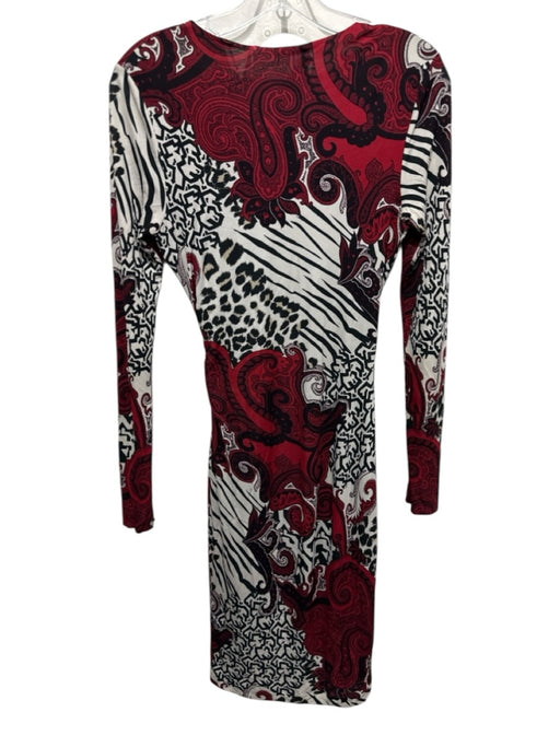 Etro Size 38 Black, Red, White Viscose Long Sleeve Mixed Print V Neck Dress Black, Red, White / 38