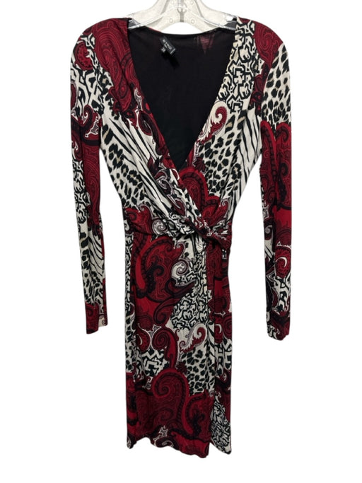 Etro Size 38 Black, Red, White Viscose Long Sleeve Mixed Print V Neck Dress Black, Red, White / 38