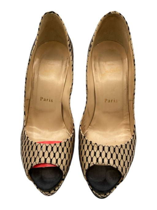Christian Louboutin Shoe Size 37 Beige & Black Satin Platform Fishnet Sandals Beige & Black / 37