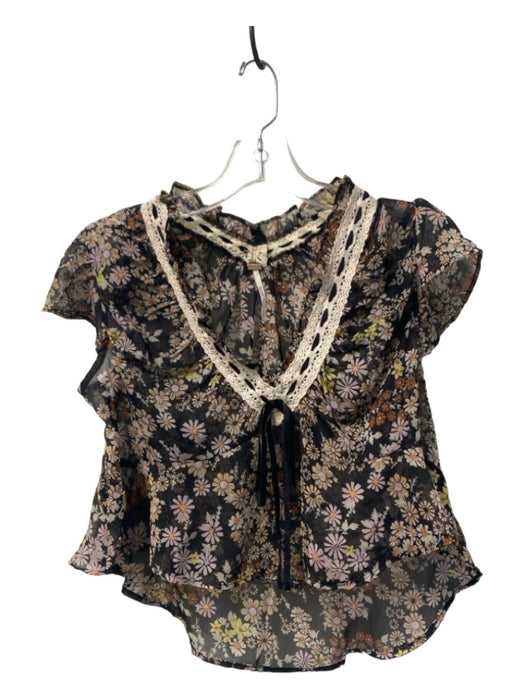 Free People Size S Black & Multi Polyester Lace Detail Floral Sheer Bow Top Black & Multi / S