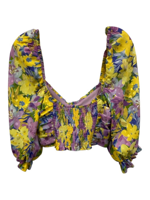 For Love & Lemons Size M Yellow, Purple, Green Polyester Blend Button Detail Top Yellow, Purple, Green / M