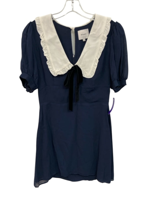 Reformation Size 8 Navy Blue & White Viscose Velvet Ribbon Collar Mini Dress Navy Blue & White / 8