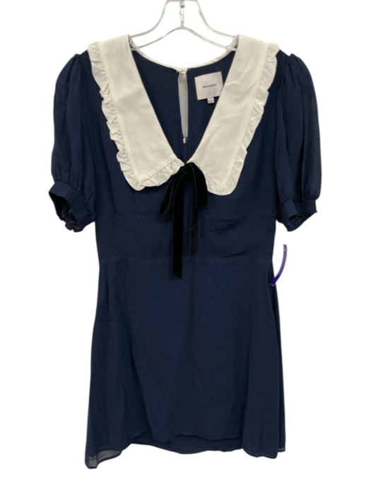 Reformation Size 8 Navy Blue & White Viscose Velvet Ribbon Collar Mini Dress Navy Blue & White / 8