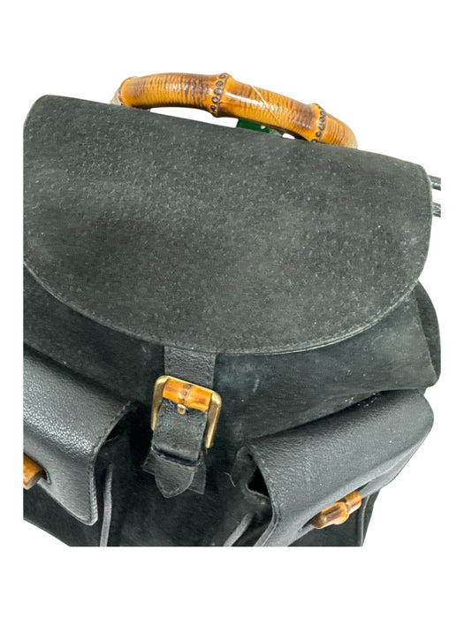 Gucci Black & Brown Suede & Leather Bamboo Handles Pockets Backpack Bag Black & Brown