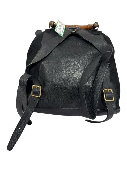 Gucci Black & Brown Suede & Leather Bamboo Handles Pockets Backpack Bag Black & Brown