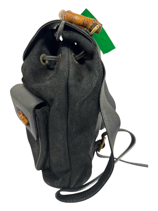 Gucci Black & Brown Suede & Leather Bamboo Handles Pockets Backpack Bag Black & Brown