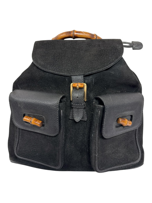 Gucci Black & Brown Suede & Leather Bamboo Handles Pockets Backpack Bag Black & Brown