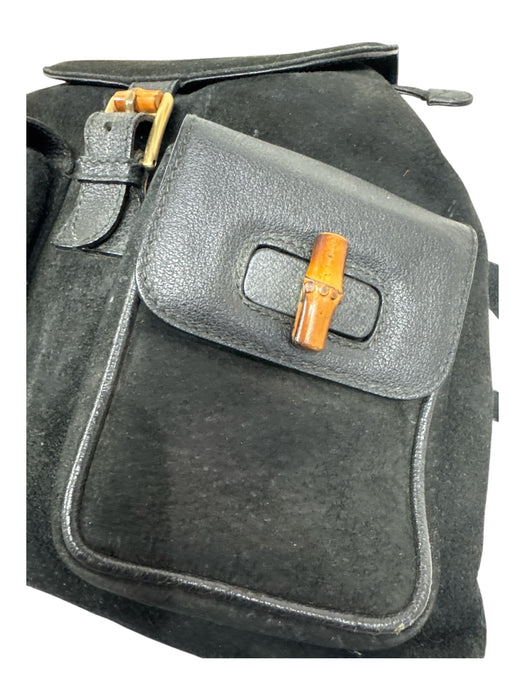 Gucci Black & Brown Suede & Leather Bamboo Handles Pockets Backpack Bag Black & Brown