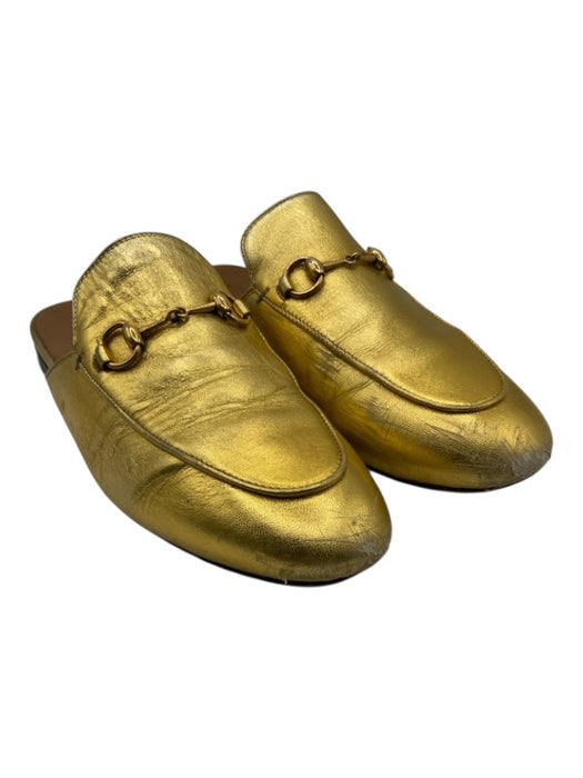 Gucci Shoe Size 40.5 Gold Leather Metallic Horsebit Mules Gold / 40.5