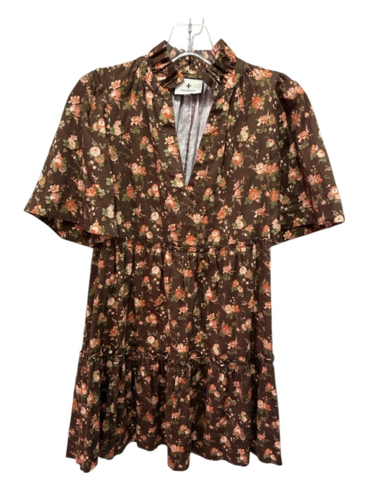 Tuckernuck Size XXS Brown, Orange & Green Cotton V Neck Short Sleeve Dress Brown, Orange & Green / XXS