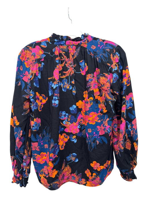 Maeve Size XXS Black, Orange & Blue Cotton Long Sleeve Floral V Neck Top Black, Orange & Blue / XXS