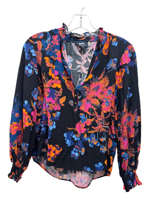 Maeve Size XXS Black, Orange & Blue Cotton Long Sleeve Floral V Neck Top Black, Orange & Blue / XXS