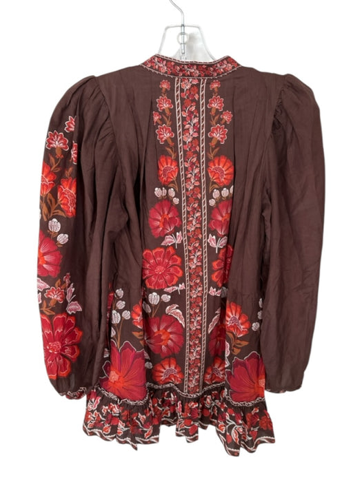 Farm Rio Size XS Brown & Red Cotton Blend Long Balloon Sleeve Botanical Dress Brown & Red / XS