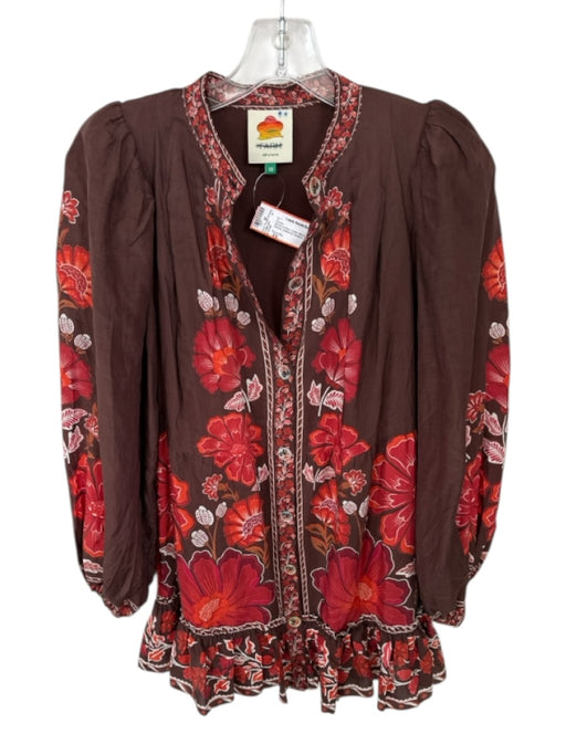 Farm Rio Size XS Brown & Red Cotton Blend Long Balloon Sleeve Botanical Dress Brown & Red / XS