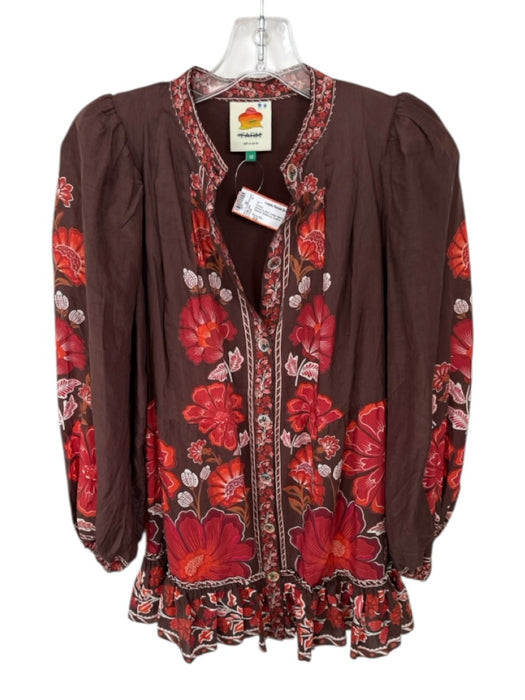 Farm Rio Size XS Brown & Red Cotton Blend Long Balloon Sleeve Botanical Dress Brown & Red / XS