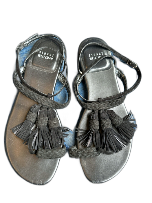 Stuart Weitzman Shoe Size 7 Black Suede Fringe toe strap Sandals Black / 7