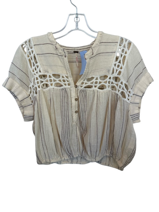 Free People Size S Cream & Maroon Cotton Short Sleeve Striped Lace Detail Top Cream & Maroon / S