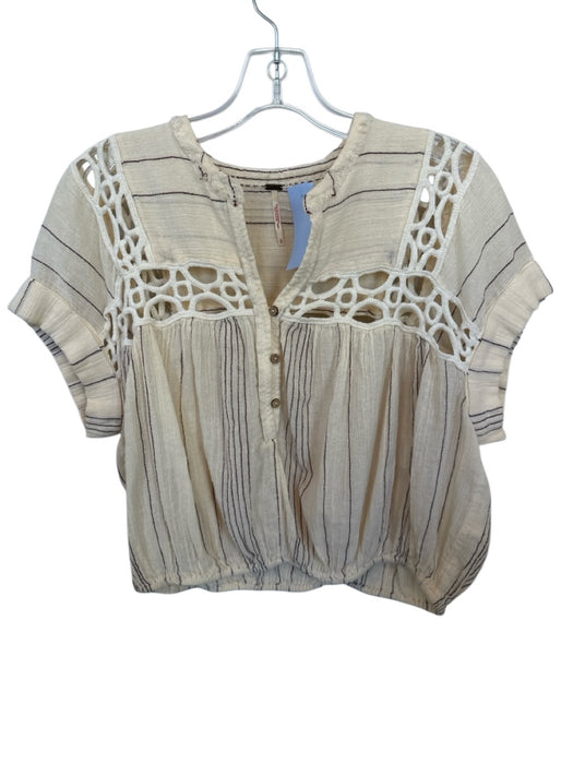 Free People Size S Cream & Maroon Cotton Short Sleeve Striped Lace Detail Top Cream & Maroon / S