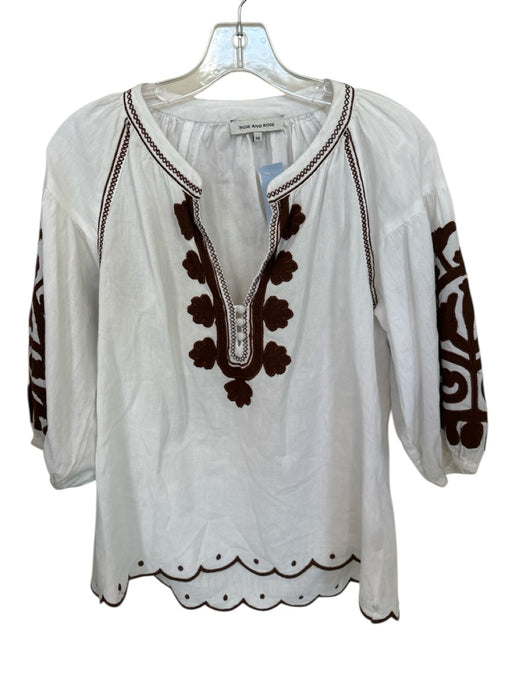 Rose and Rose Size XS White & Brown Cotton Long Balloon Sleeve Embroidered Top White & Brown / XS