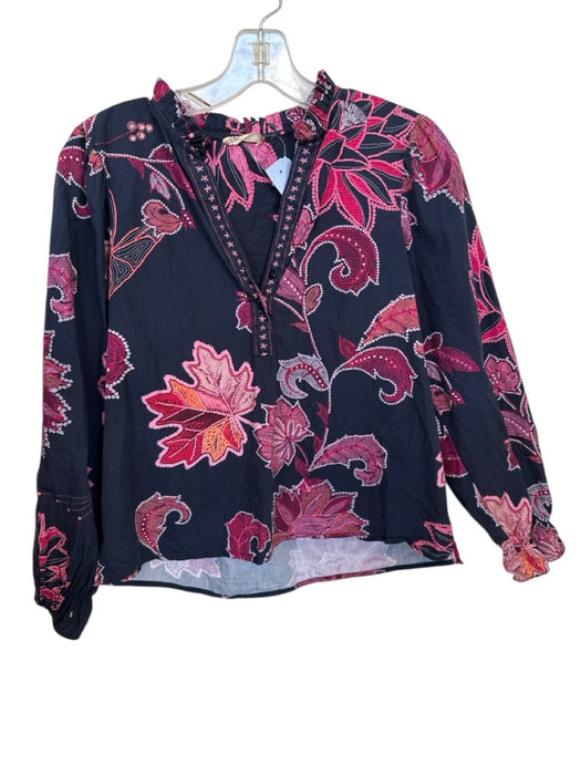 Vama. Size S Navy & Pink Cotton Long Balloon Sleeve Flowers Ruffle collar Top Navy & Pink / S