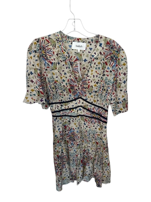 Ba&sh Size 1/S Taupe & Teal Viscose Blend Short Sleeve Abstract V Neck Dress Taupe & Teal / 1/S