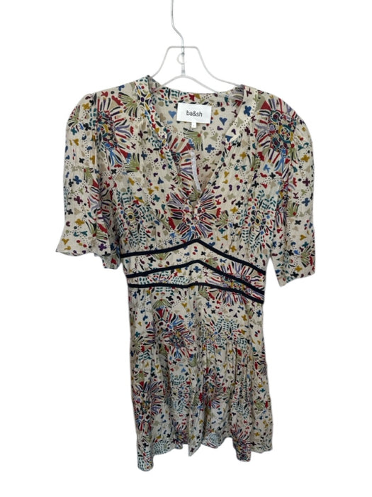 Ba&sh Size 1/S Taupe & Teal Viscose Blend Short Sleeve Abstract V Neck Dress Taupe & Teal / 1/S