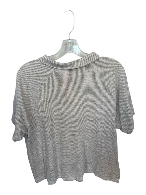 Lafayette 148 Size L Taupe & White Linen Blend Short Sleeve Collar Striped Top Taupe & White / L