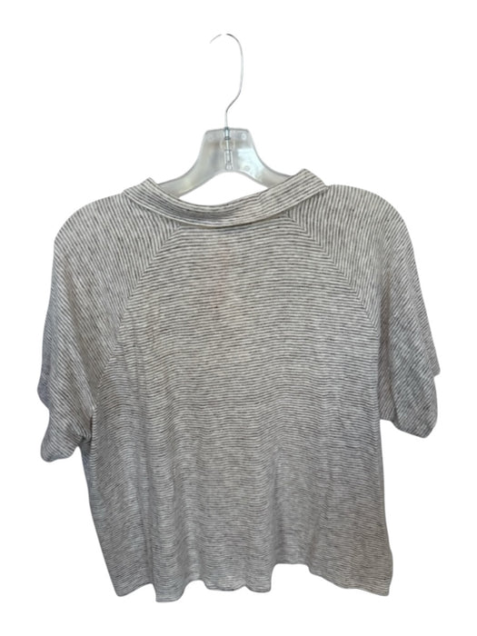 Lafayette 148 Size L Taupe & White Linen Blend Short Sleeve Collar Striped Top Taupe & White / L