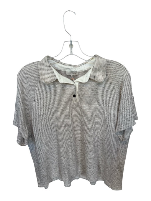 Lafayette 148 Size L Taupe & White Linen Blend Short Sleeve Collar Striped Top Taupe & White / L