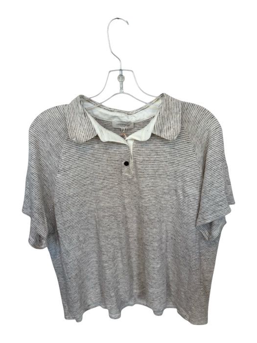 Lafayette 148 Size L Taupe & White Linen Blend Short Sleeve Collar Striped Top Taupe & White / L