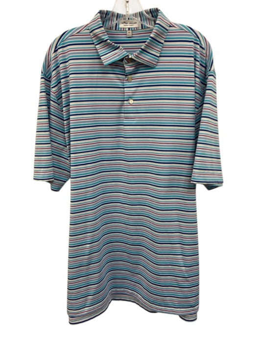 Peter Millar Size XL White & Multi Polyester Striped Polo Men's Short Sleeve White & Multi / XL