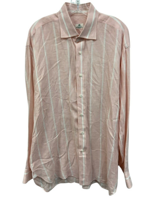 Borrelli Size 16.5 Pink & White Linen Striped Button Down Long Sleeve Shirt Pink & White / 16.5