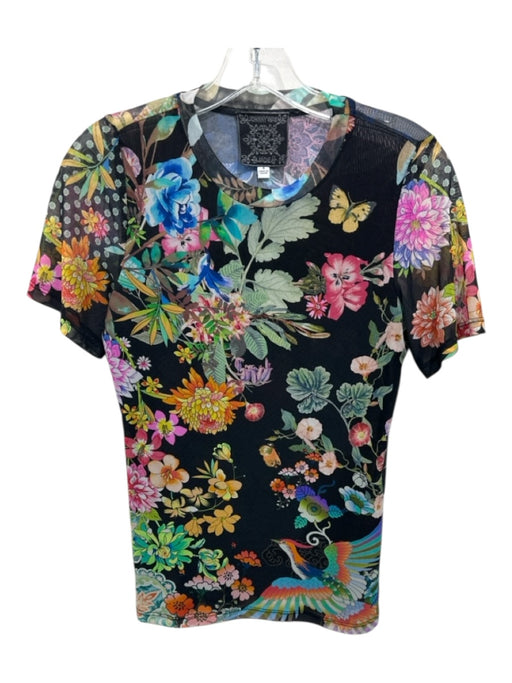 Johnny Was Jade Size S Black & Multi Nylon Short Sleeve Floral Mesh Top Black & Multi / S